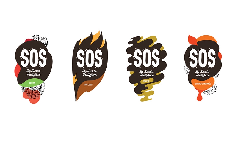 調(diào)味品包裝設(shè)計四種不同的酸甜口味——燒烤粉、燒烤咖喱醬、燒烤芥末醬和酸辣粉